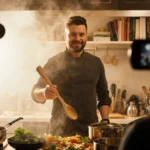 Matty Matheson holding wooden spoon with warm kitchen lighting and cooking equipment behind