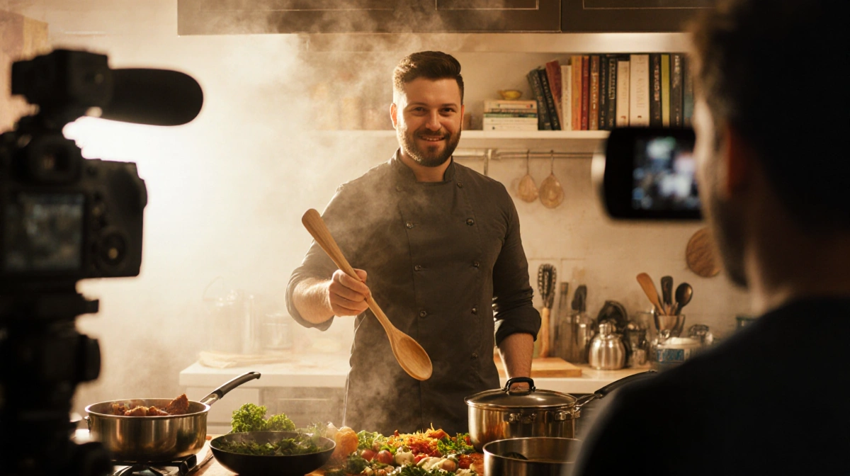 Matty Matheson holding wooden spoon with warm kitchen lighting and cooking equipment behind