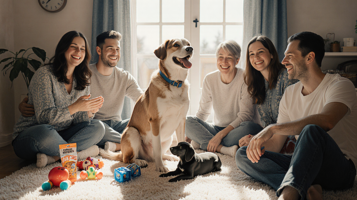 Pregnant dog Maude sits with her newborn puppy in warm light with toys and community members nearby