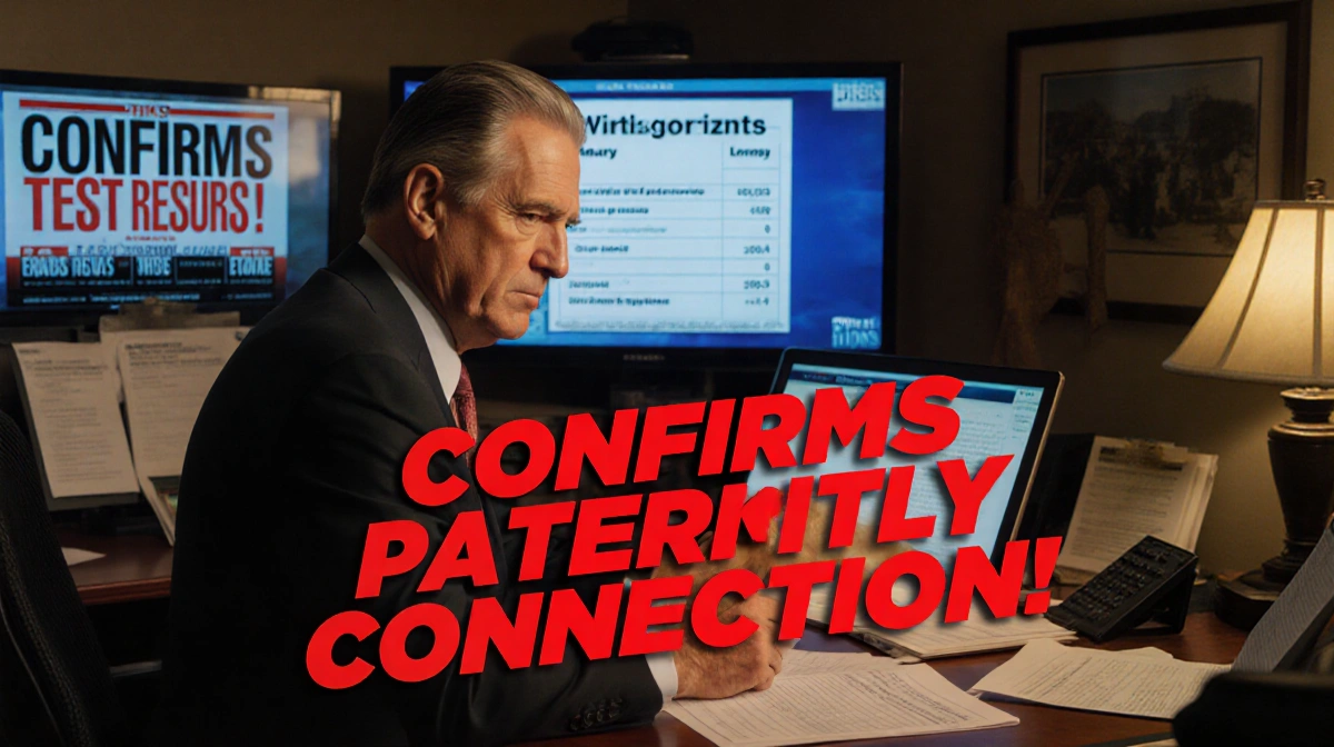 Maury Povich looks at paternity test results with bold red text and dramatic TV screens behind him