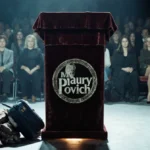 Dimly lit Maury Povich podium glows with audience blurred behind and guest luggage scattered on floor