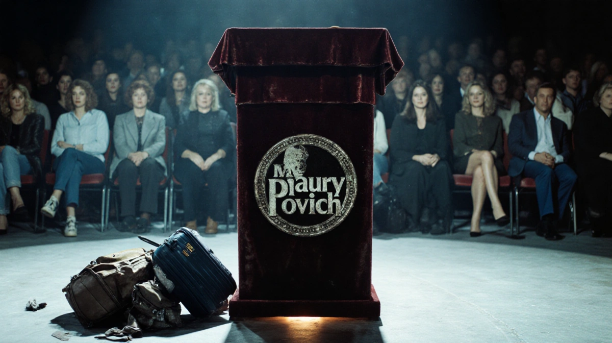 Dimly lit Maury Povich podium glows with audience blurred behind and guest luggage scattered on floor