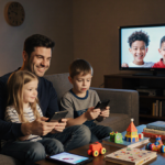 Max Greenfield smiles at kids Lilly and Ozzie as they play with tablets on a cozy couch while a TV shows their TikTok video