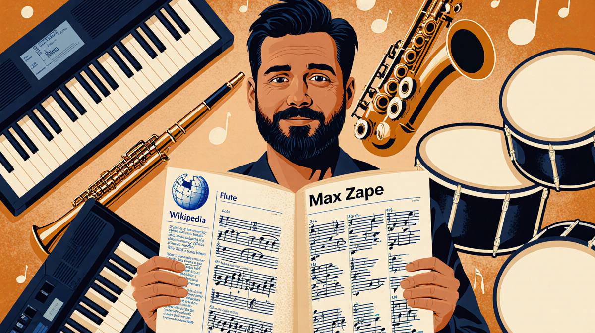 Max Zape holding a Wikipedia book with keyboard and flute and saxophone and drums nostalgic musician and Chula Vista skyline