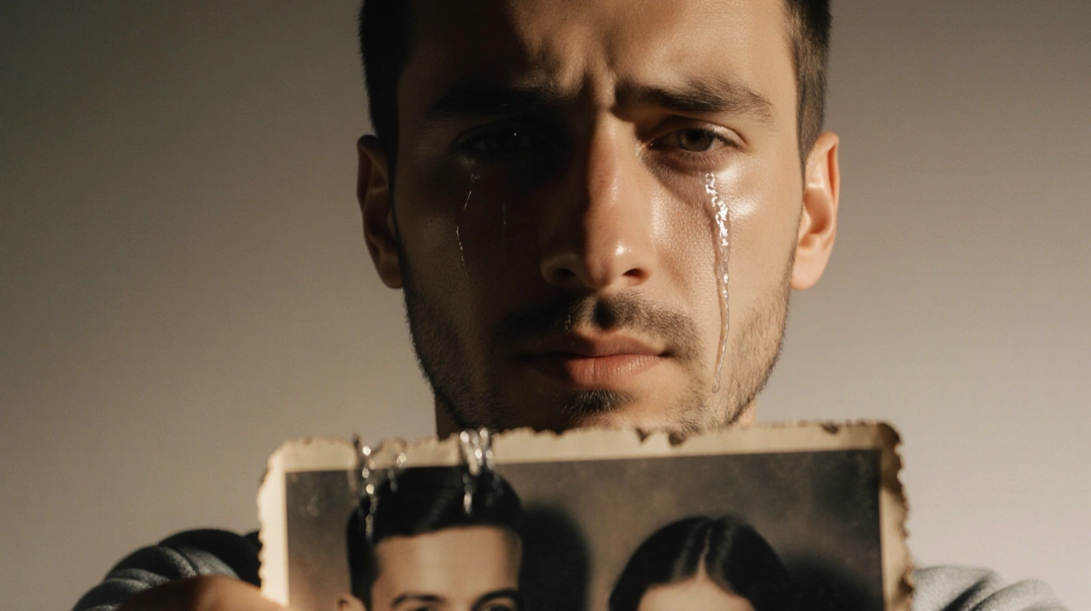 Maxim Naumov holding faded childhood photo with parents and warm nostalgic lighting showing his tears