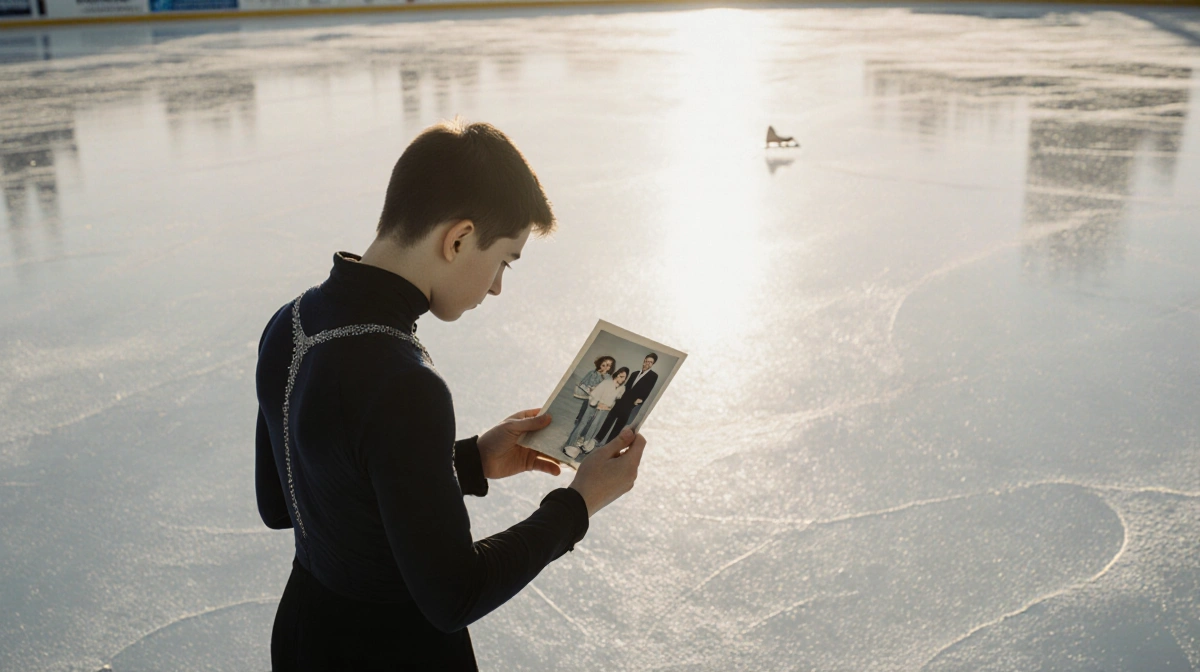Maxim Naumov stands on ice holding faded photo with parents and tiny skates showing nostalgic figure skating moment
