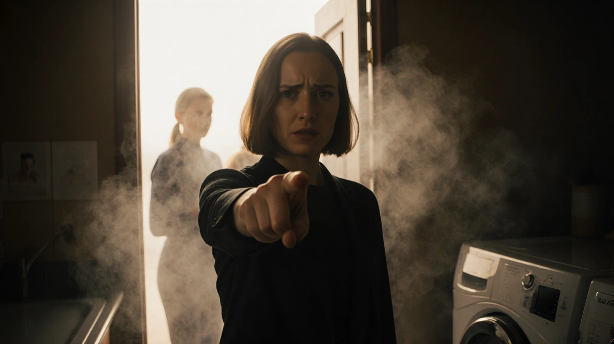Maya Hawke gestures emphatically while explaining a plot hole with steam swirling around her and Robin visible behind