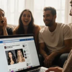 Maya Henry laughs at laptop screen showing Gisele Bundchen comparison with friends gathered around in sunlit living room