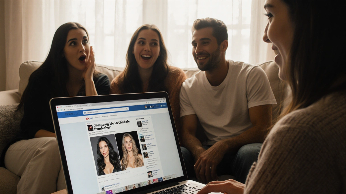 Maya Henry laughs at laptop screen showing Gisele Bundchen comparison with friends gathered around in sunlit living room