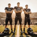Three brothers stand together with football jerseys at their feet and teammates warming up on the field behind them