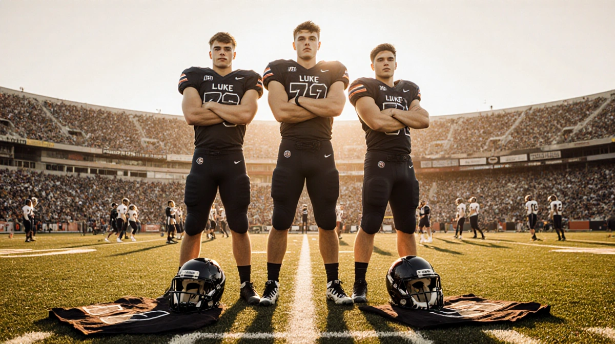 Three brothers stand together with football jerseys at their feet and teammates warming up on the field behind them