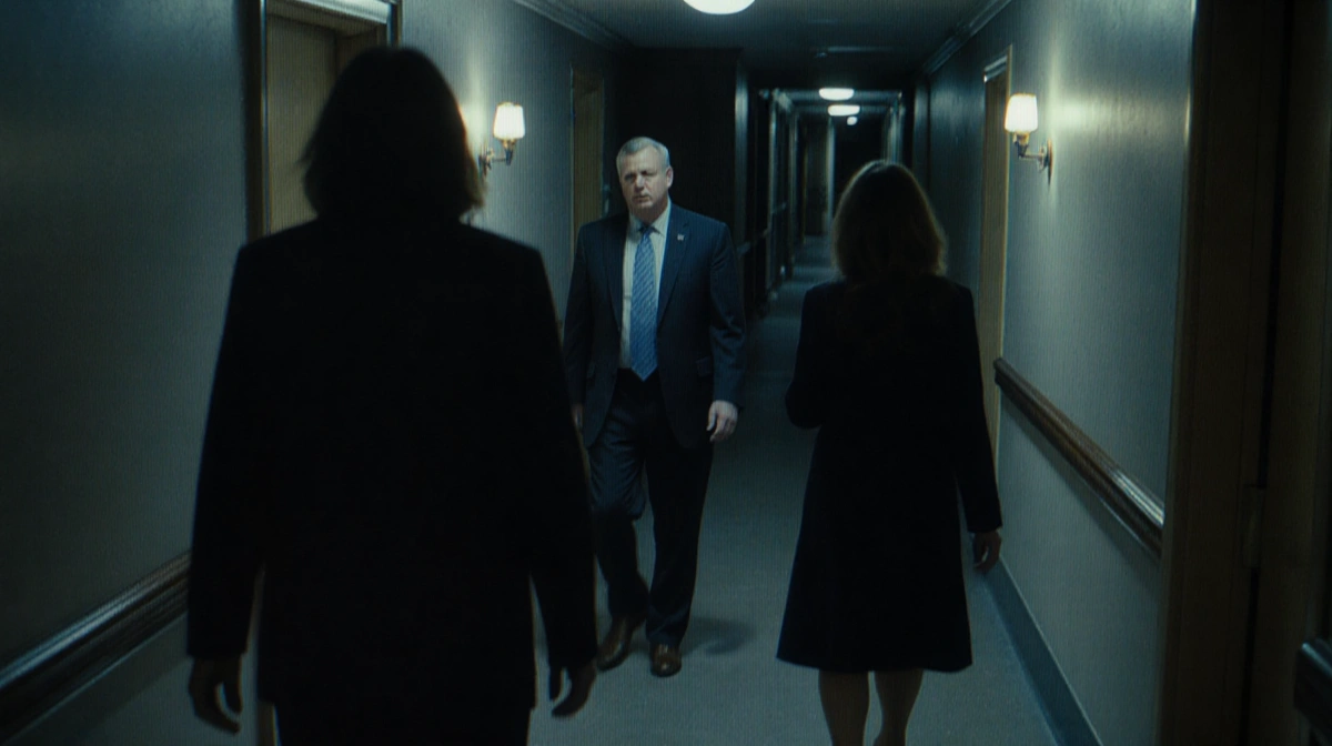 Mayor Carney walking through dim town hall hallway with woman at midnight and surveillance grain effect showing secrecy