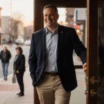 Mayor Chris Carnery walking into Mooresville Town Hall with bare legs showing and residents looking away