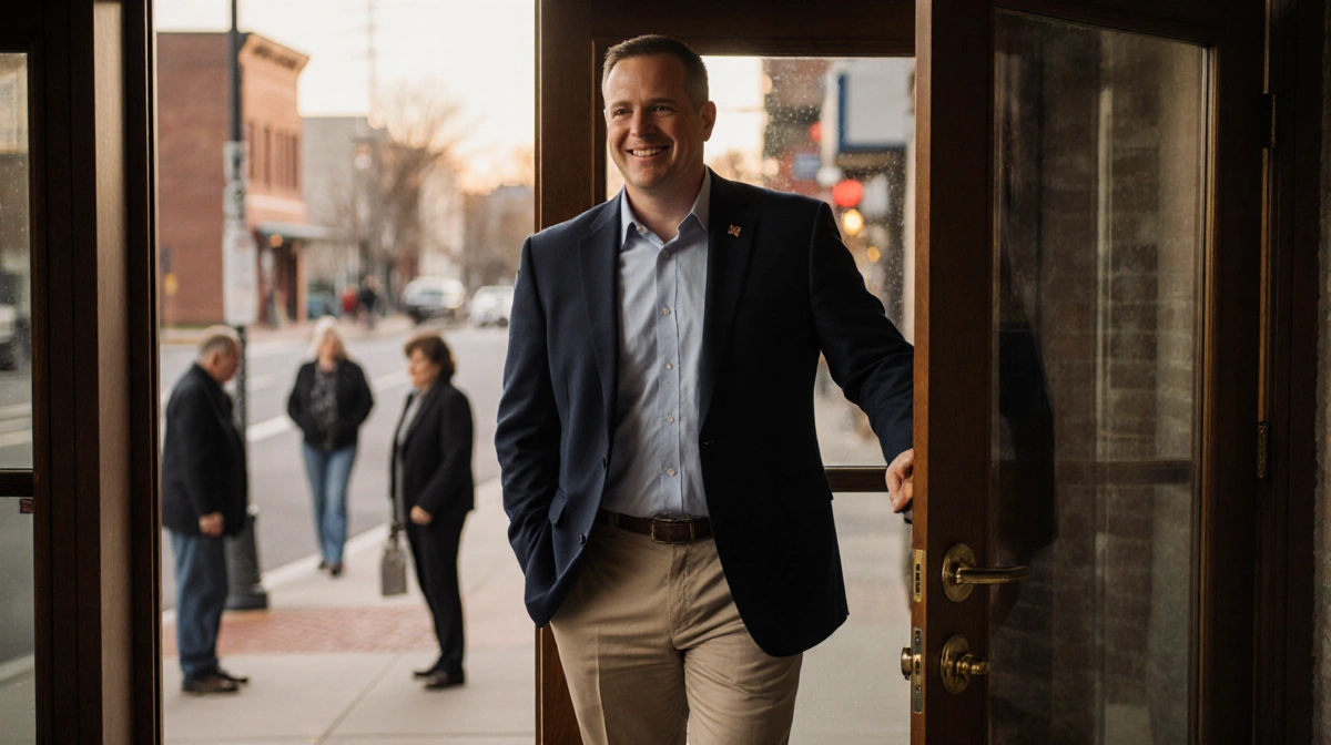 Mayor Chris Carnery walking into Mooresville Town Hall with bare legs showing and residents looking away