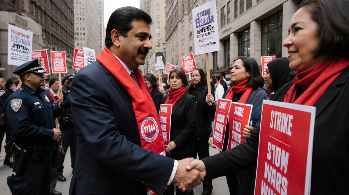 Mayor Zohran Mamdani shaking hands with striking nurses outside New York-Presbyterian Hospital with NYSNA red scarf and prote