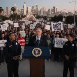 Protesters hold justice signs with Mayor Richardson at podium and immigration agents nearby