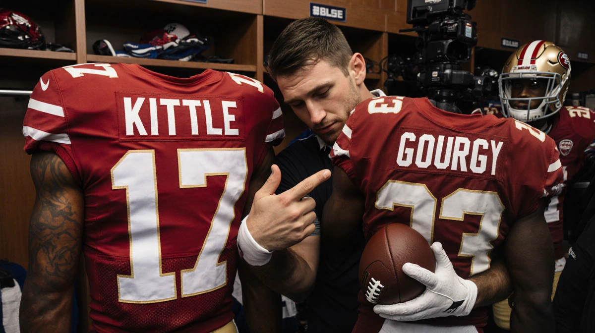 Christian McCaffrey holds football and gestures toward George Kittle's jersey with emotional expression in 49ers locker room