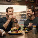 Matthew McConaughey and Bradley Cooper eating burger with football memorabilia and stadium backdrop