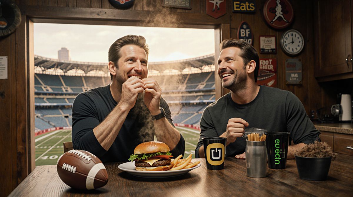Matthew McConaughey and Bradley Cooper eating burger with football memorabilia and stadium backdrop