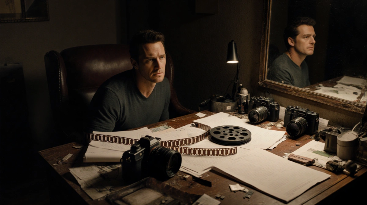 Matthew McConaughey gazes at film reel with scripts and cameras scattered on desk with armchair behind