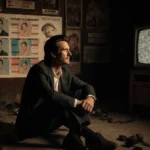 Matthew McConaughey sitting alone in empty theater with old film reels and faded movie posters watching his name on screen