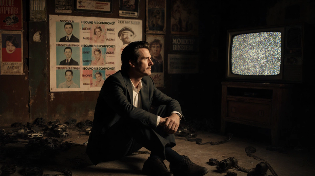 Matthew McConaughey sitting alone in empty theater with old film reels and faded movie posters watching his name on screen