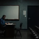 Empty football stadium seats surround abandoned coach