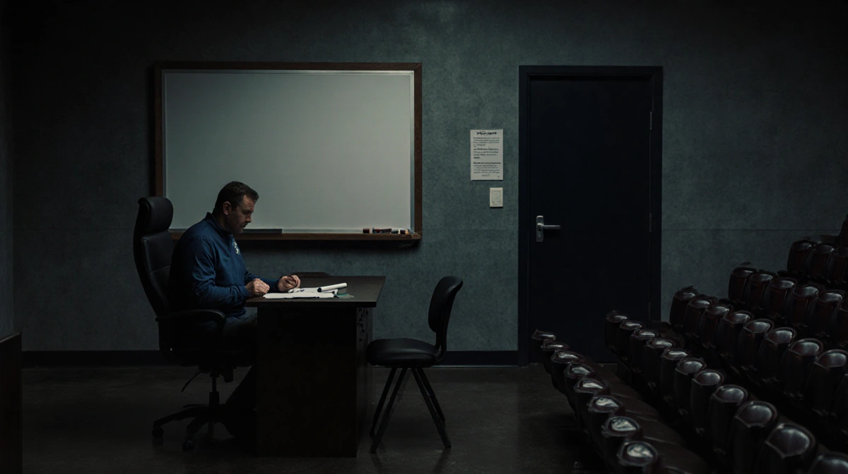 Empty football stadium seats surround abandoned coach