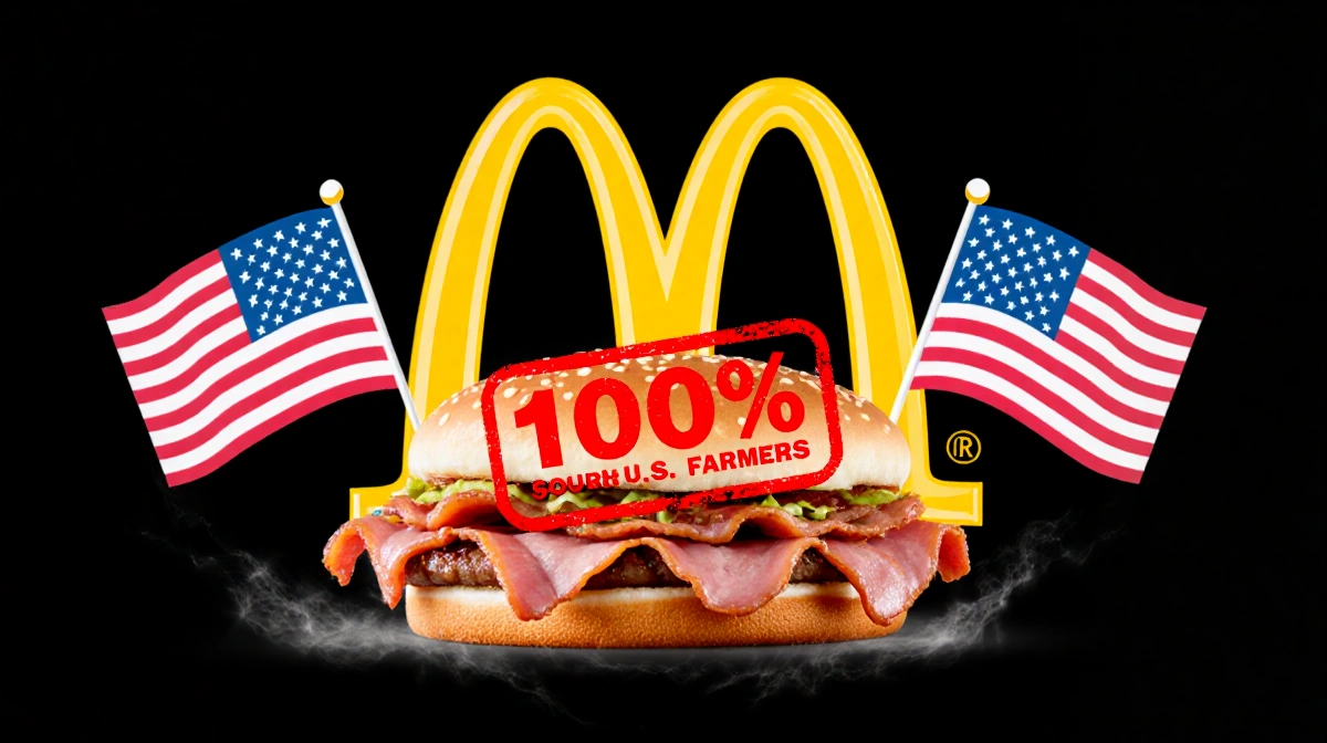 McDonald's logo displaying 100% stamp with McRib sandwich made of pork and two American flags