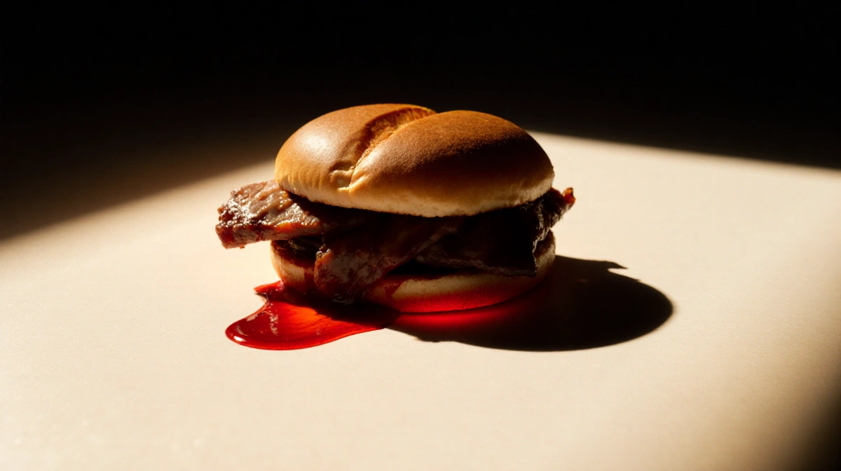 McRib silhouette sits atop white background with faint red glow and discarded pork slice under ominous shadow