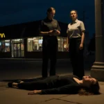 Woman lying motionless on sidewalk with McDonald