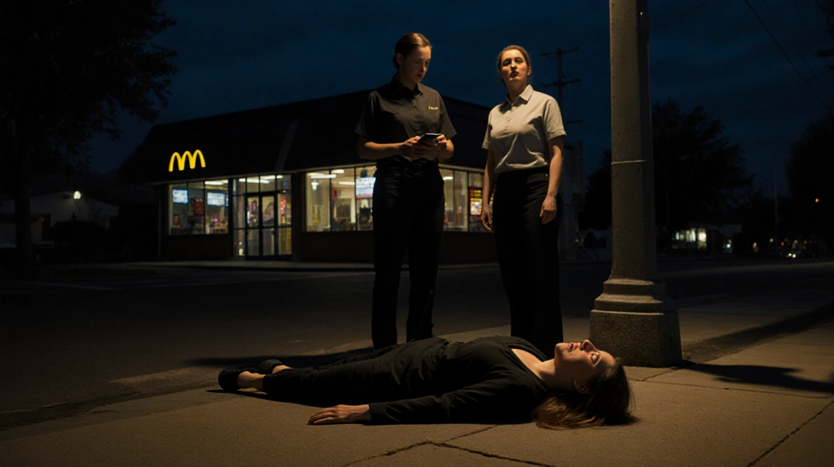 Woman lying motionless on sidewalk with McDonald