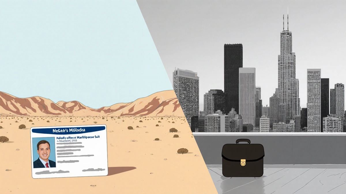 Doctor moves from Nevada desert to Chicago with suitcase and faded license showing career transition