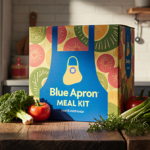 Blue Apron meal kit box sits on rustic table with fresh veggies and herbs bathed in golden light