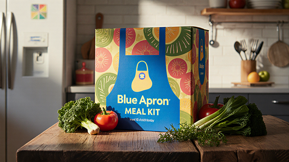 Blue Apron meal kit box sits on rustic table with fresh veggies and herbs bathed in golden light
