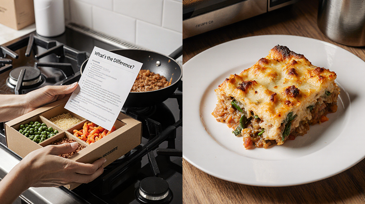 Person holding a meal kit box with recipe card while a stovetop cooks and a prepared meal on a plate with a microwave nearby