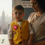 Worried mother holding vaccinated child with yellow outfit and red shield pin beside a Measles-Free Zone sign.