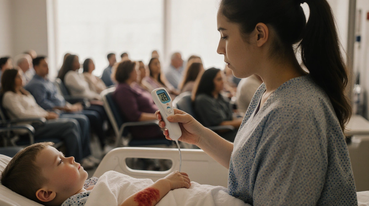 Worried mother checks thermometer with child showing measles rash in hospital bed and crowded waiting room behind