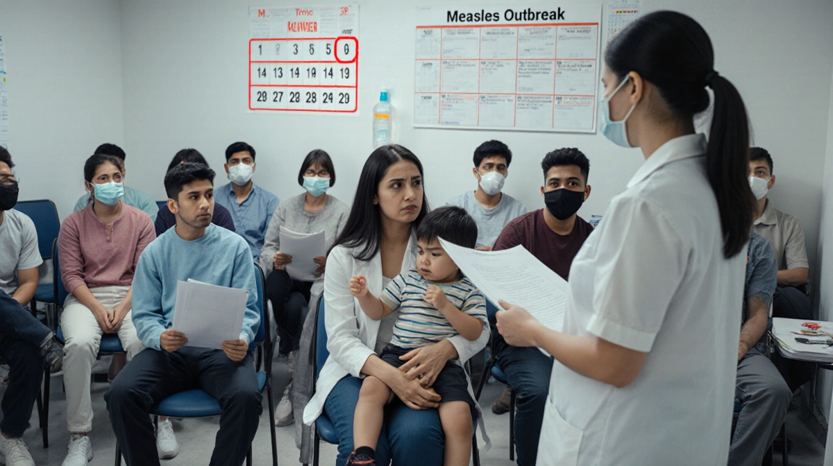 A nurse comforts a worried mother holding her sick child with a measles outbreak calendar on the wall behind