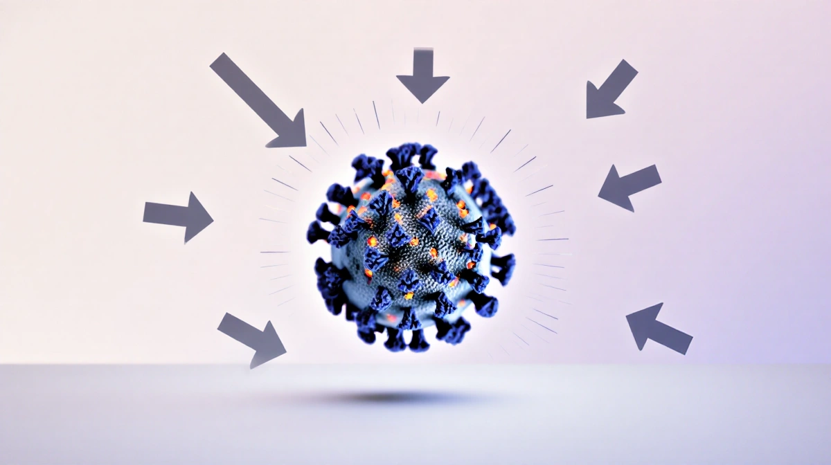 Measles virus particle floats with arrows showing infection spread and gradient background representing transmission period