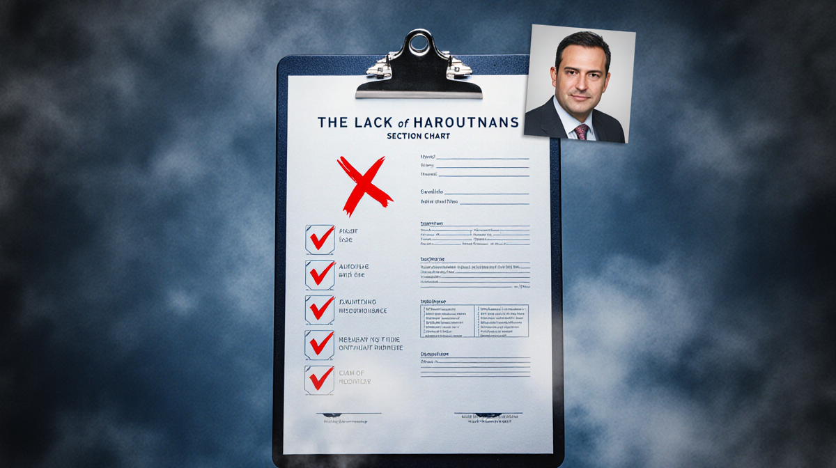 Medical chart marked with a red X indicating no autopsy with a blue-white pneumonia hue and a faint Dr. Haroutunian face