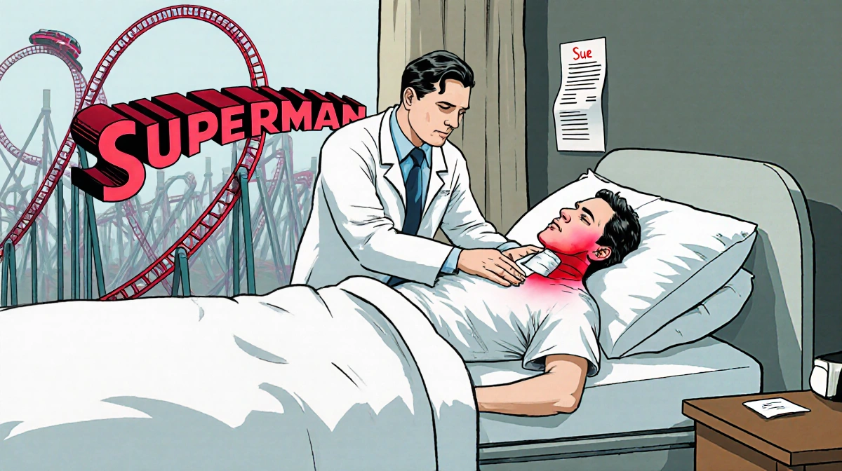 Doctor examines injured patient in hospital bed with Superman coaster visible through window and legal papers on bedside tabl
