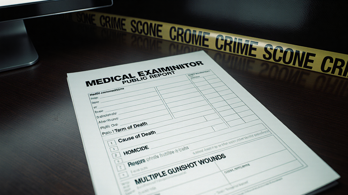 Medical examiner's report showing homicide and multiple gunshot wounds with dim lighting and faint glow near crime scene tape