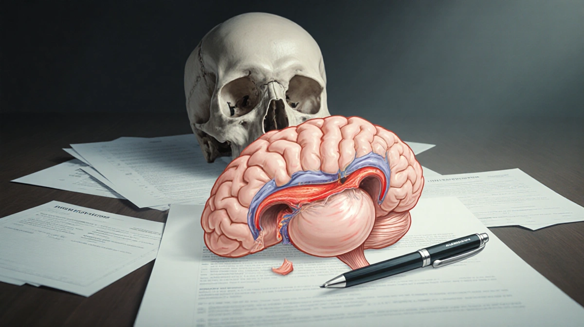 Medical examiner's report showing a ruptured aneurysm with a skull background and scattered pens.