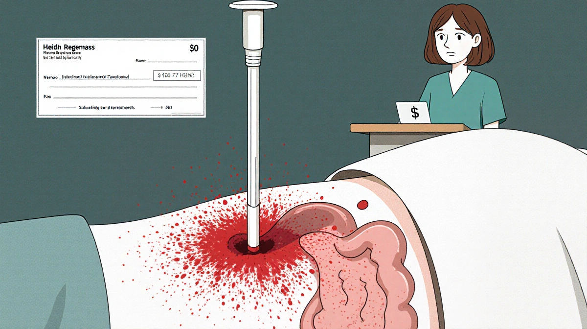 Thin cannula piercing abdomen with blood splatter and bowel outline while doctor stands beside operating table, check nearby.