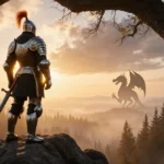 Medieval knight stands triumphantly on rocky hill with polished armor gleaming in sunset and sword crossed at side