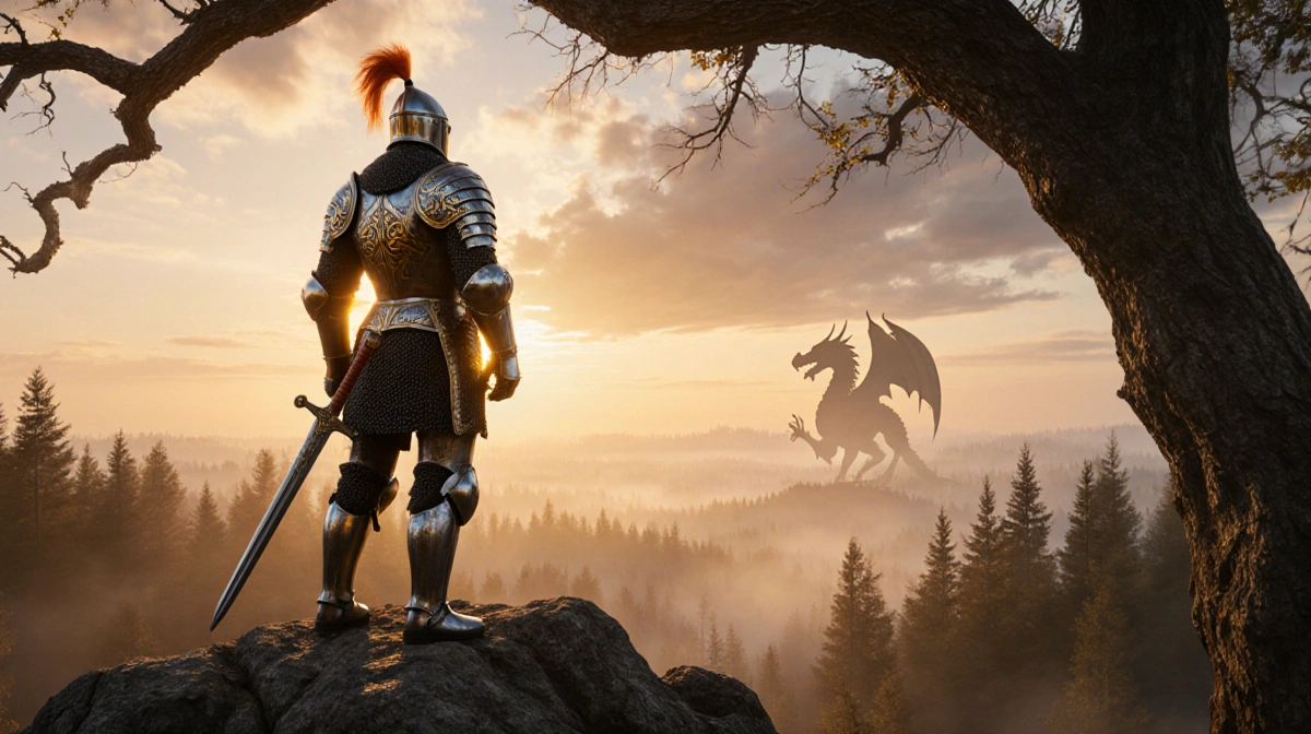 Medieval knight stands triumphantly on rocky hill with polished armor gleaming in sunset and sword crossed at side