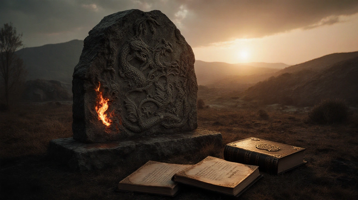 Ancient stone monument stands with dragon carvings and scattered Hedge Knight pages glowing in sunset light