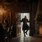 Ser Duncan the Tall stands in medieval tavern doorway with dragon-carved door and patrons talking by the fire