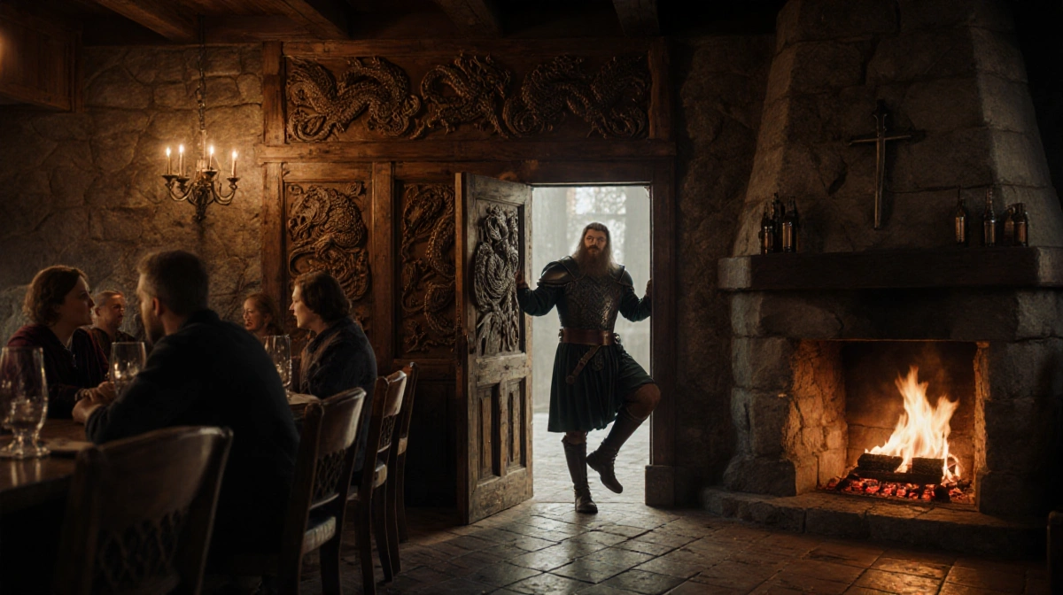 Ser Duncan the Tall stands in medieval tavern doorway with dragon-carved door and patrons talking by the fire